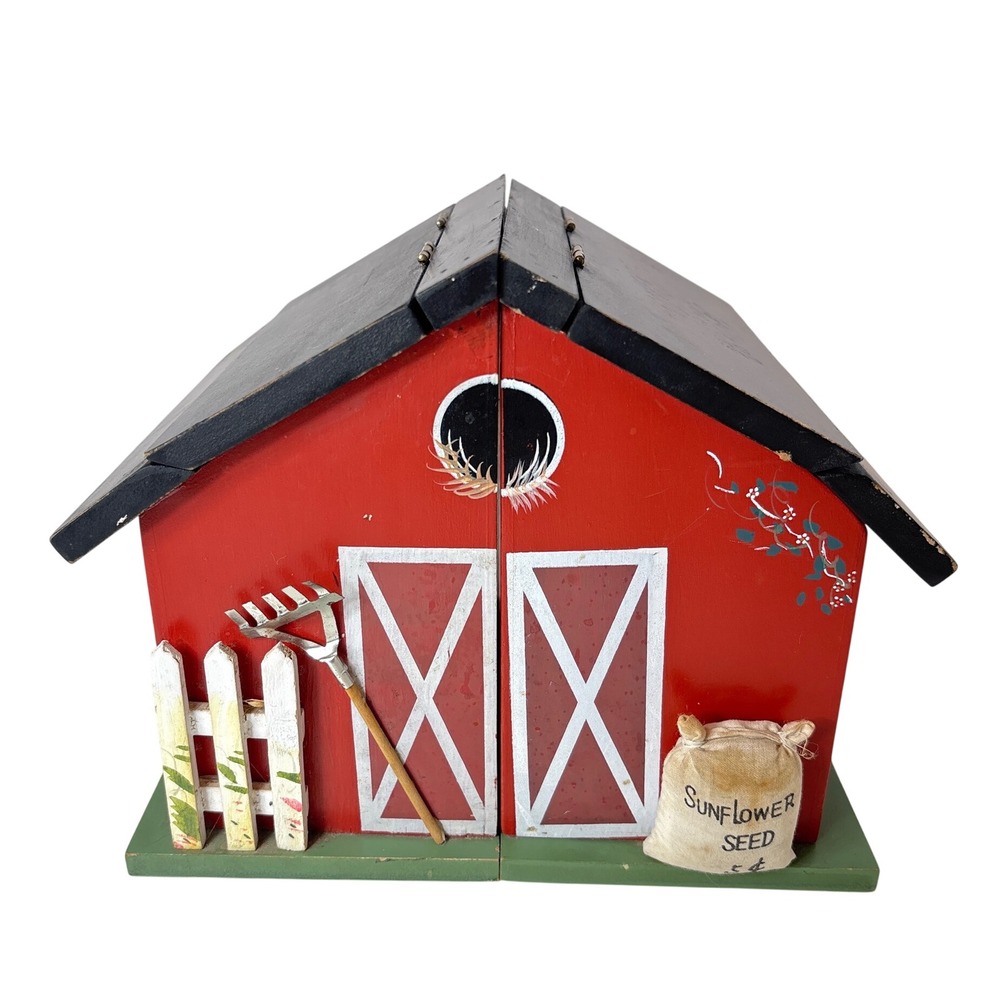 Vintage Kenyield Wooden Barn Bookends Hidden Storage Hand Painted Farmhouse Red